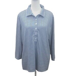 Lands End Navy and White Striped Top. 3/4 Sleeve. Size L. Some stretch.